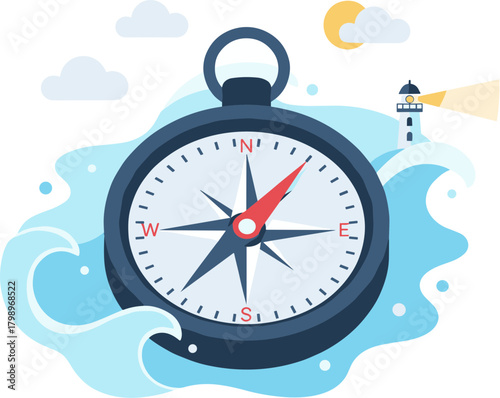Flat Design Detailed Compass with Lighthouse and Sea Elements Illustration