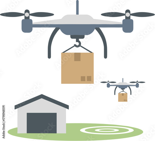 Flat Illustration of Drone Delivering Package to House Yard Area