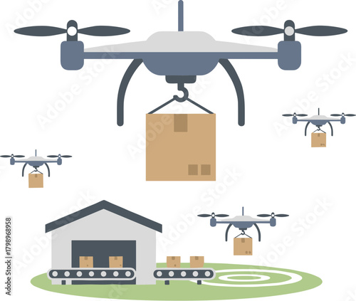 Flat Style Drone Delivering Package from Warehouse with Conveyor Belt Illustration