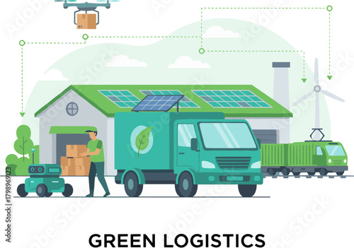 Flat Style Green Logistics Illustration Showing Sustainable Transportation and Delivery System