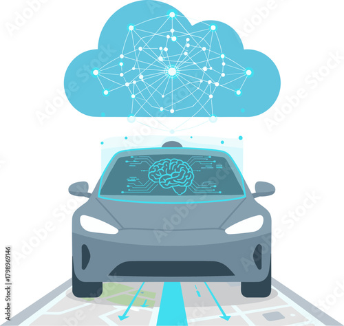 Futuristic Flat Illustration of Autonomous Car with Cloud Computing Concept