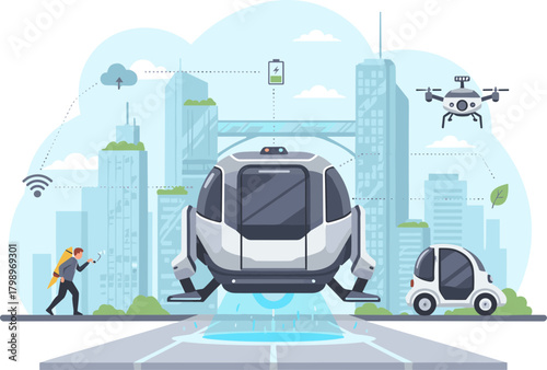 Clean Flat Illustration of Futuristic Urban Landscape with Flying Vehicle Concept