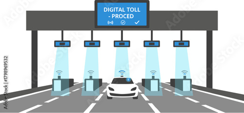 Flat Digital Toll Booth Gate with Car Passing Illustration