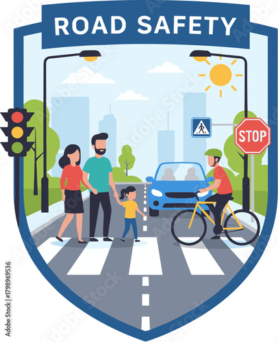 Colorful Flat Road Safety Illustration with Family Crossing Street Scene