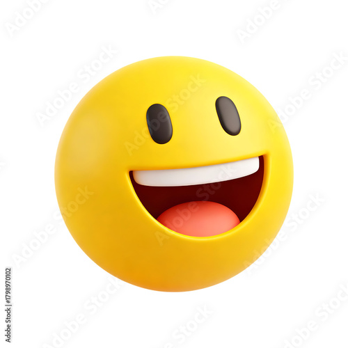 Joyful yellow smiley face with wide open mouth and happy teeth showing isolated on a transparent background in 3d rendering