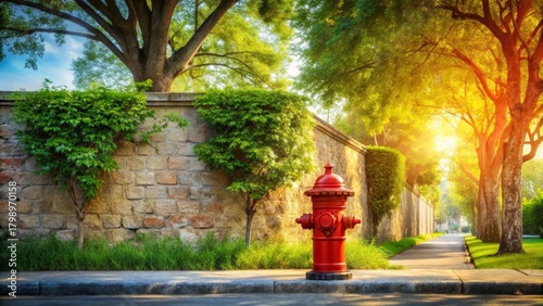 Serene sunlit pathway beside a stone wall, lush green foliage, and a vibrant red fire hydrant