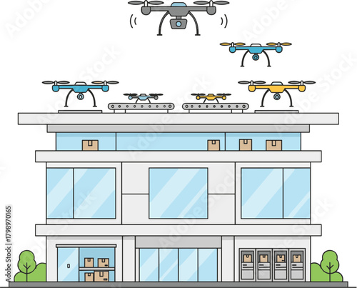 Line Art Modern Delivery Drones Hovering Over Warehouse Building Illustration