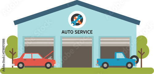 Flat Style Detailed Illustration Auto Service Building With Repair Garage