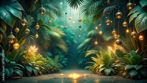 Fototapeta Naklejka Na Ścianę i Meble -  Luminous Tropical Paradise Gilded Ornaments Dangle Amidst Lush Greenery, Illuminating a Serene Pathway