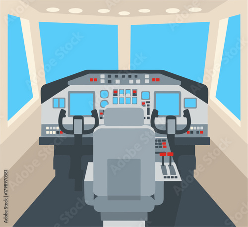Flat Graphic Cockpit Interior with Control Panel and Window Illustration