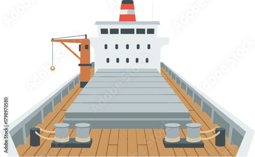 Flat Style Detailed Cargo Ship Deck Illustration with Crane and Bollards