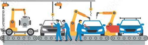 Flat Style Car Manufacturing Process Line Automotive Industry Illustration
