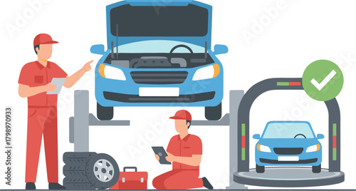 Flat Illustration Car Maintenance Service with Mechanic Inspection and Automotive Repair