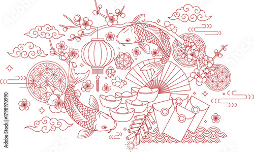 Chinese New Year line art vector—koi fish, lanterns, fans, clouds, ingots, and blossoms for prosperity and festive visuals