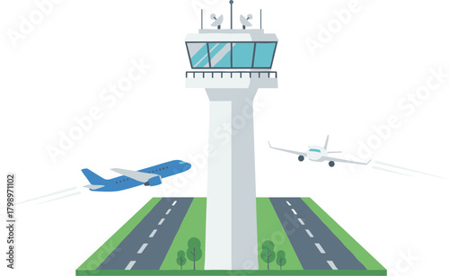 Modern Flat Air Traffic Control Tower with Airplane Illustration
