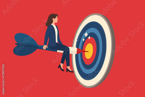 step to reach success or achievement, Short term, mid-term and long term goals, stages to achieve greater success, business woman riding dart arrow to short, medium and long term success target