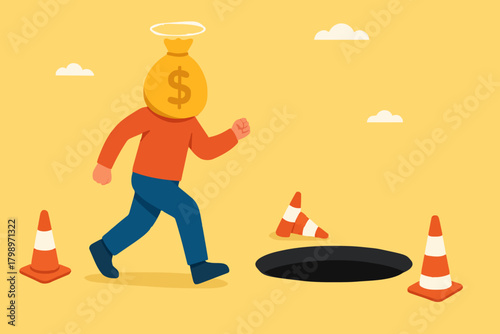 investment scam, Financial Fraud or Illegal Investment, ponzi scheme concept, businessman investor who is lulled by fake investments who walks forward towards a trap hole