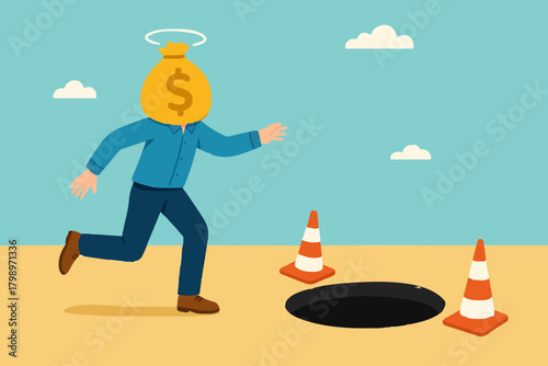 investment scam, Financial Fraud or Illegal Investment, ponzi scheme concept, businessman investor who is lulled by fake investments who walks forward towards a trap hole