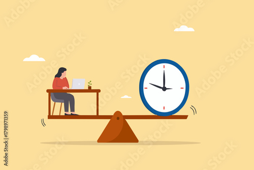 work life balance, flexible working hours, time management for work, businesswoman working on desk with seesaw and clock balance concept vector illustration