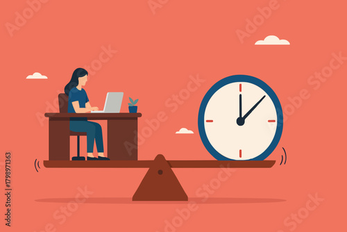 work life balance, flexible working hours, time management for work, businesswoman working on desk with seesaw and clock balance concept vector illustration