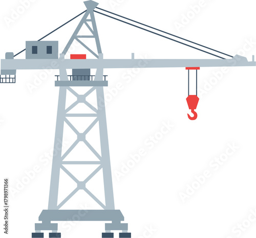 Flat Design Detailed Tower Crane with Hook for Construction Site