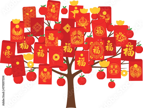Chinese New Year prosperity tree vector—red envelopes, apples, dragons, phoenixes, and gold symbols for festive wealth and good luck