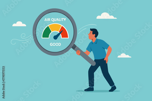 air quality, air quality index, good and fresh air conditions free from pollution, man holding magnifying glass to check the air quality