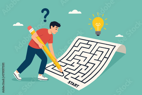 problem solving, businesswoman solving a labyrinth puzzle to get a solution, business people with maze puzzle, logical thinking to solve problem, creative strategy looking for way to success