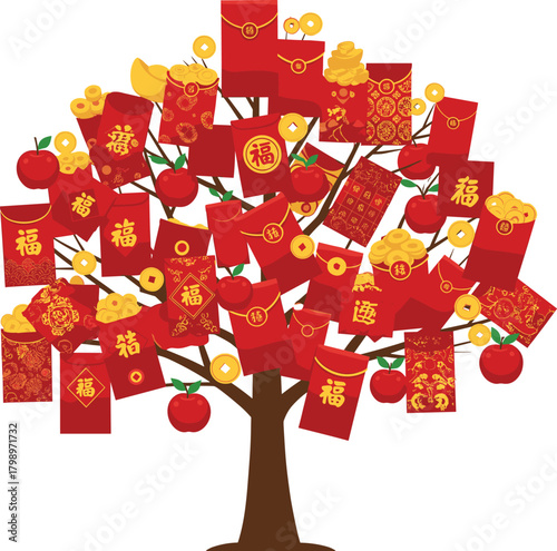 Chinese New Year prosperity tree vector—red envelopes, gold ingots, coins, and apples for festive wealth and good luck visuals