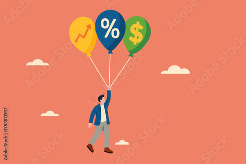 return on investment or dividend leads to financial freedom, compound interest growth on capital, successful investment strategy, businessman flying using balloon with dollar icon and growth graph