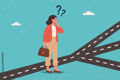 confused businesswoman in determining career path, make a career path decision, choosing concept, confused businesswoman standing at a crossroads determining the direction of her career path