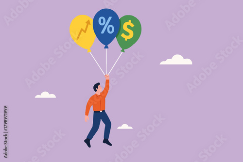 return on investment or dividend leads to financial freedom, compound interest growth on capital, successful investment strategy, businessman flying using balloon with dollar icon and growth graph