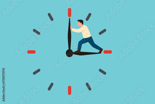 trying to get time back, extension of time to complete the work, businessman tries to turn back the clock to rewind time concept vector illustration