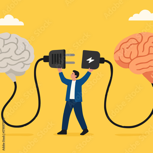 give education, Provide education for human, Obtain knowledge and skills, Mentor and intern, coach and trainee, man connect plug with stupid brain to smart brain concept vector illustration flat style