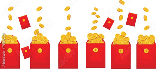 Chinese New Year red envelope vector—six hongbao with gold coins in motion for prosperity, gifting, and festive celebration visuals