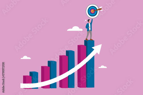 growth to achieve goals or career success, business growth on target concept, success step to reach goal, businessman standing on top of business growth chart while carrying dart boards