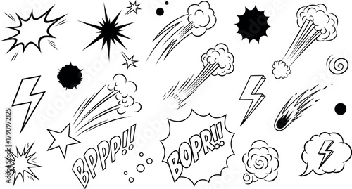 Vector Illustration of Dynamic Comic Style Elements with Sound Effects, Lightning, and Stars for Pop Art Design