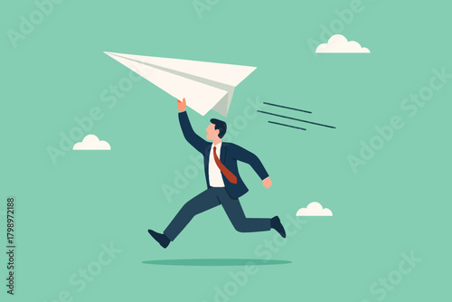 businessman throwing paper plan while sending email, email subscription to send newsletter for product promotions and updates, business launching concept, online communication illustration flat style
