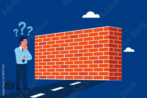 businessman facing the wall concept illustration, business obstacle and barrier concept, Businessman Stand with Dizzy Head front of High Brick Wall Face Difficulty on Way to Goal Achievement concept