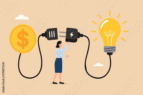 exchanging knowledge with money for a business or start up project, new business idea to get money, businesswoman connect plug with light bulb idea to money concept vector illustration