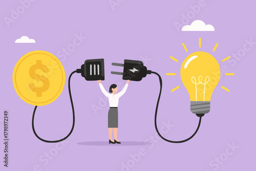 exchanging knowledge with money for a business or start up project, new business idea to get money, businesswoman connect plug with light bulb idea to money concept vector illustration