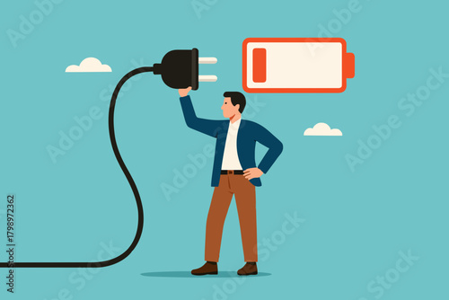 recharge energy or restore enthusiasm for work, refreshing from overwork or tiring activities, businessman connects electrical plug to power source to recharge low battery exhausted businessman worker