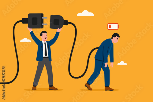 recharge energy or restore enthusiasm for work, refreshing from overwork or tiring activities, businessman connects electrical plug to power source to recharge low battery exhausted businessman worker