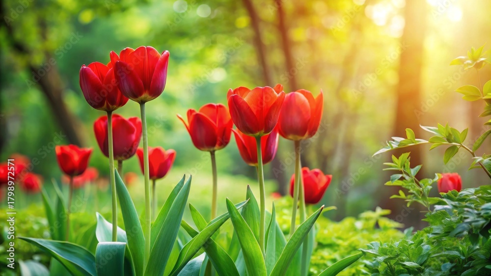 Naklejka premium Vibrant Red Tulips Basking in Golden Sunlight Amidst Lush Greenery of a Spring Garden