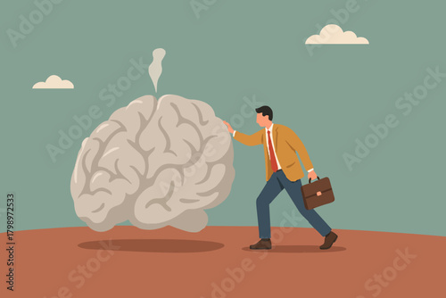 broken brain concept vector illustration, brain damage caused by pornography or PMO, depressed businessman can't concentrate on work because his brain is damaged