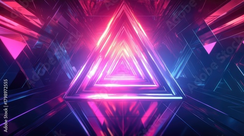 Fototapeta Naklejka Na Ścianę i Meble -  Futuristic neon triangle tunnel creating abstract light portal