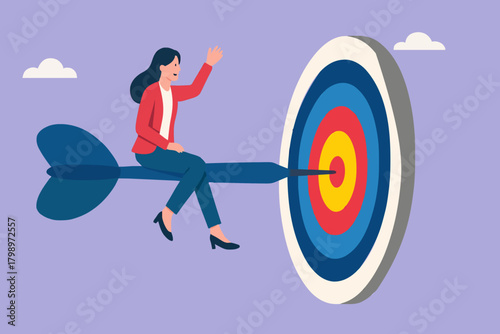 step to reach success or achievement, Short term, mid-term and long term goals, stages to achieve greater success, business woman riding dart arrow to short, medium and long term success target