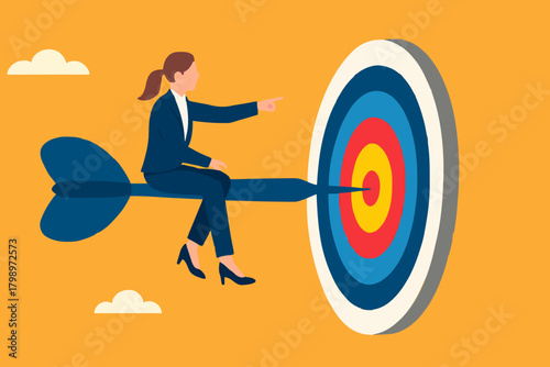 step to reach success or achievement, Short term, mid-term and long term goals, stages to achieve greater success, business woman riding dart arrow to short, medium and long term success target