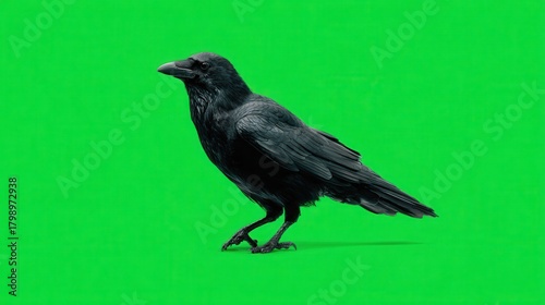 Realistic movements of a native crow on a green screen, showcasing its natural behaviors in detail for editing and film production purposes