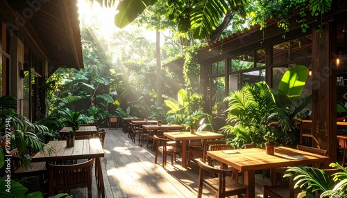 Open-Air Restaurant with Wooden Tables and Tropical Plants in Natural Sunlight